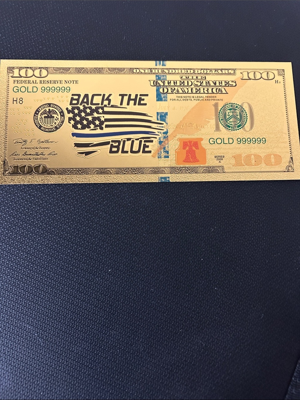 Gold Novelty $100 Bill 'Back The Blue'